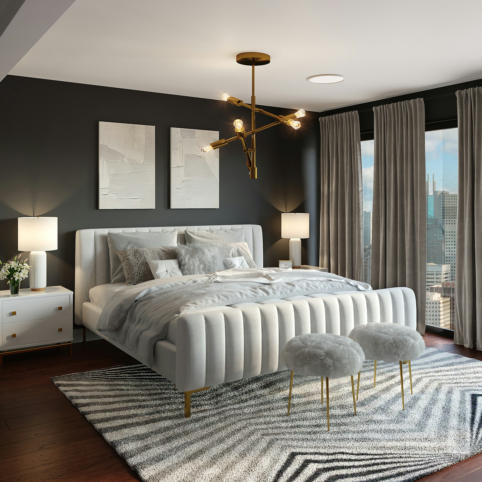 The Meadow: a spacious ground-floor room with a king bed and a wide picture window.